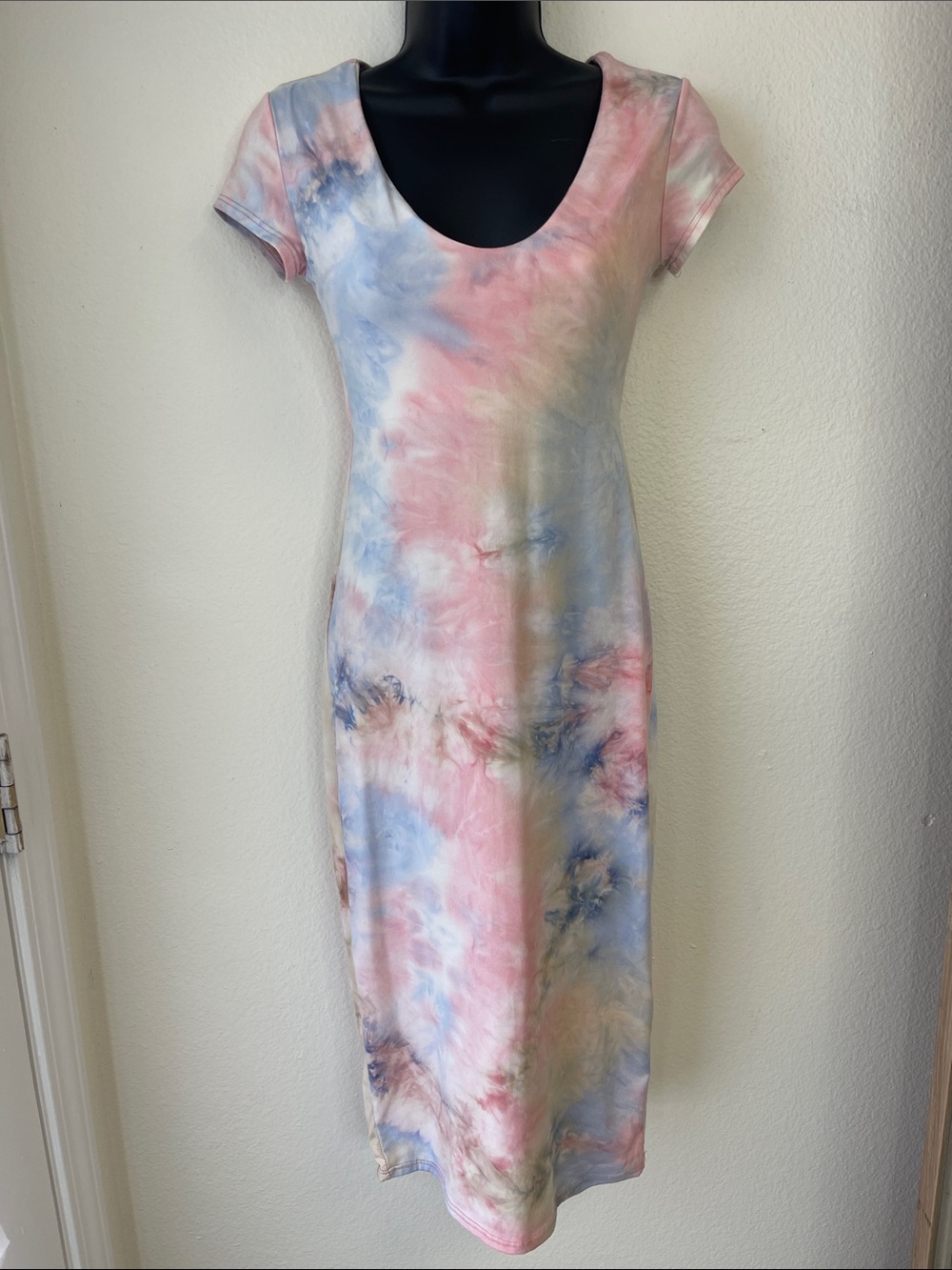 See You Monday Tie-Dye Scoop Neck Midi Dress in Pink, Blue & Cream